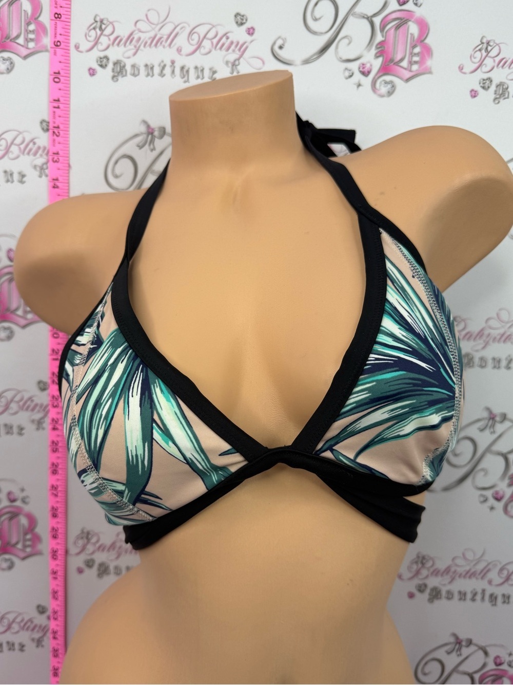 PINK Victoria's Secret Palm-Print Halter Bikini Top in Black and Green